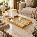 Ramadan Decorative Glass Serving Tray – Curling Leaf Oval Medallion glass serving tray shown in a first styled room scene.