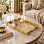 Ramadan Decorative Glass Serving Tray – Curling Leaf Oval Medallion glass serving tray shown in a second styled room scene.