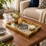 Ramadan Decorative Glass Serving Tray – Floral Spray Script Medallion glass serving tray shown in a second styled room scene.