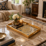 Ramadan Decorative Glass Serving Tray – Calligraphic Letter Bloom Ring glass serving tray shown in a first styled room scene.
