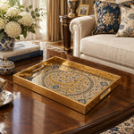 Ramadan Decorative Glass Serving Tray – Calligraphic Letter Bloom Ring glass serving tray shown in a second styled room scene.