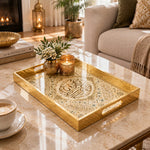 Ramadan Decorative Glass Serving Tray β Banded Script Cartouche glass serving tray shown in a first styled room scene.