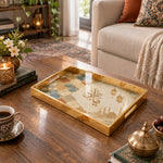 Ramadan Decorative Glass Serving Tray – Zellige Mosque Lanterns glass serving tray shown in a first styled room scene.