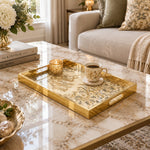 Ramadan Decorative Glass Serving Tray – Floral Scroll Calligraphy glass serving tray shown in a second styled room scene.