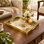 Ramadan Decorative Glass Serving Tray – Four Corner Blossom Script glass serving tray shown in a second styled room scene.