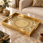 Ramadan Decorative Glass Serving Tray – Blossom Calligraphy Roundel glass serving tray shown in a product view.