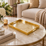 Ramadan Decorative Glass Serving Tray – Foliate Calligraphy Scroll glass serving tray shown in a second styled room scene.