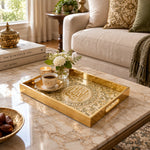 Ramadan Decorative Glass Serving Tray – Blossom Spray Medallion glass serving tray shown in a first styled room scene.