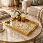 Ramadan Decorative Glass Serving Tray – Arabesque Medallion Tiles glass serving tray shown in a first styled room scene.