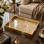 Ramadan Decorative Glass Serving Tray – Tendril Calligraphy Medallion glass serving tray shown in a second styled room scene.
