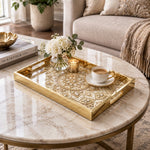 Ramadan Decorative Glass Serving Tray – Pearl Beaded Mandala glass serving tray shown in a second styled room scene.