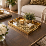 Ramadan Decorative Glass Serving Tray – Black Gold Damask Rosette glass serving tray shown in a second styled room scene.
