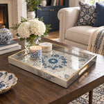 Ramadan Decorative Glass Serving Tray – Chinoiserie Blue Mandala glass serving tray shown in a first styled room scene.