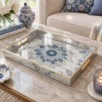 Ramadan Decorative Glass Serving Tray – Chinoiserie Blue Mandala glass serving tray shown in a product view.