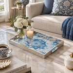 Ramadan Decorative Glass Serving Tray – Cobalt Flower Mandala glass serving tray shown in a first styled room scene.