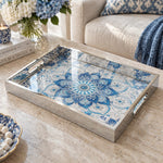 Ramadan Decorative Glass Serving Tray – Cobalt Flower Mandala glass serving tray shown in a product view.