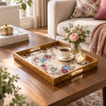 Daily Decorative Glass Serving Tray – Pink Floral Panel glass serving tray shown in a second styled room scene.