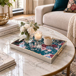 Daily Decorative Glass Serving Tray – Blue Dark Floral Panel glass serving tray shown in a first styled room scene.
