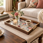 Daily Decorative Glass Serving Tray – Red Pink Floral Panel glass serving tray shown in a first styled room scene.