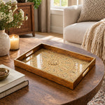 Ramadan Decorative Glass Serving Tray – Gold Calligraphy Panel glass serving tray shown in a second styled room scene.