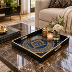 Ramadan Decorative Glass Serving Tray – Blue Calligraphy Medallion glass serving tray shown in a first styled room scene.