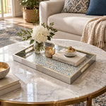 Ramadan Decorative Glass Serving Tray – Blue Teal Geometric Panel glass serving tray shown in a first styled room scene.