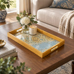 Ramadan Decorative Glass Serving Tray – Pale Blue Floral Panel glass serving tray shown in a second styled room scene.
