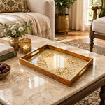 Ramadan Decorative Glass Serving Tray – Cream Pink Floral Panel glass serving tray shown in a first styled room scene.