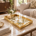 Daily Decorative Glass Serving Tray – Teal Magnolia Medallion glass serving tray shown in a second styled room scene.