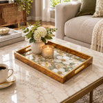 Daily Decorative Glass Serving Tray – Ivory Magnolia Allover glass serving tray shown in a first styled room scene.