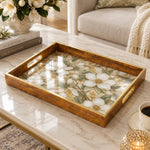 Daily Decorative Glass Serving Tray – Ivory Magnolia Allover glass serving tray shown in a product view.