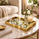 Daily Decorative Glass Serving Tray – Magnolia Gold Wreath glass serving tray shown in a first styled room scene.