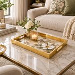 Daily Decorative Glass Serving Tray – Magnolia Petal Cascade glass serving tray shown in a first styled room scene.