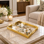 Daily Decorative Glass Serving Tray – Magnolia Petal Cascade glass serving tray shown in a second styled room scene.