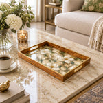Daily Decorative Glass Serving Tray – Magnolia Trellis Grid glass serving tray shown in a first styled room scene.
