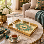 Ramadan Decorative Glass Serving Tray – Gold Teal Calligraphy glass serving tray shown in a second styled room scene.