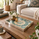 Ramadan Decorative Glass Serving Tray – Pale Blue Calligraphy glass serving tray shown in a first styled room scene.