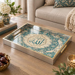 Ramadan Decorative Glass Serving Tray – Pale Blue Calligraphy glass serving tray shown in a product view.