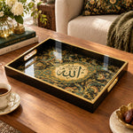 Ramadan Decorative Glass Serving Tray – Black Gold Calligraphy glass serving tray shown in a product view.