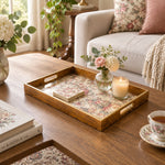 Valentine's Day Decorative Glass Serving Tray – Lace Rose Chintz glass serving tray shown in a first styled room scene.