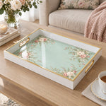 Valentine's Day Decorative Glass Serving Tray – Mint Rose Garland glass serving tray shown in a product view.