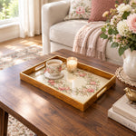Valentine's Day Decorative Glass Serving Tray – Rose Wreath Cream glass serving tray shown in a first styled room scene.