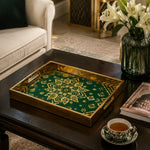 Ramadan Decorative Glass Serving Tray – Emerald Star Medallion glass serving tray shown in a first styled room scene.