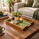 Ramadan Decorative Glass Serving Tray – Emerald Tile Patchwork glass serving tray shown in a first styled room scene.
