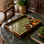 Ramadan Decorative Glass Serving Tray – Emerald Tile Patchwork glass serving tray shown in a second styled room scene.