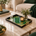 Ramadan Decorative Glass Serving Tray – Emerald Star Scatter glass serving tray shown in a first styled room scene.