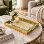 Ramadan Decorative Glass Serving Tray – Ivory Tile Border Stars glass serving tray shown in a first styled room scene.