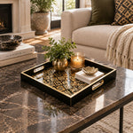 Ramadan Decorative Glass Serving Tray – Black Gold Tile Mosaic glass serving tray shown in a second styled room scene.
