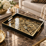 Ramadan Decorative Glass Serving Tray – Black Gold Tile Mosaic glass serving tray shown in a product view.