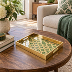 Ramadan Decorative Glass Serving Tray – Emerald Ogee Tile Grid glass serving tray shown in a first styled room scene.